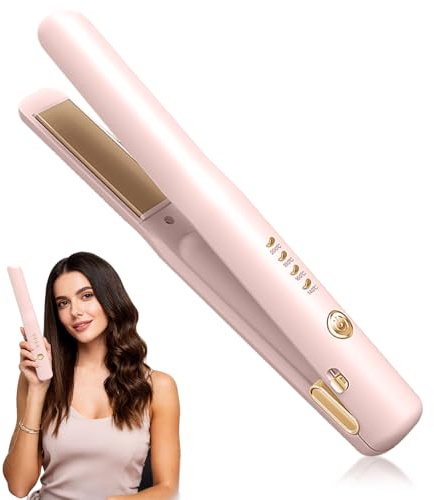 Mini Hair Straightener, Portable Cordless Hair Straighteners, Travel Straighteners with 4 Temperature Adjustable, USB Rechargeable Mini Straightener Curling Iron Wand for Short Long Hair (Pink)