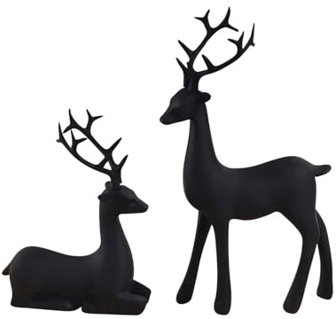Rentier Figuren Set 2 Stück Schwarz | Harz Skulpturen 16,5 cm Höhe | Moderne Weihnachtsdekoration für Zuhause & Büro | Eleganter Hirsch Deko für Regal & Tisch | Winterliche Elch Statuen (Schwarz)