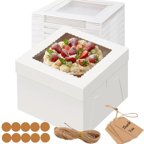Boîte à gâteaux, Lot de 5 Boîtes à gâteau 30,5 x 30,5 x 20,3 cm avec fenêtre, Boîte à gâteaux blanche avec fenêtre et 5 assiettes à gâteaux rondes, Boîte gâteau carton pour gâteaux, pâtisseries
