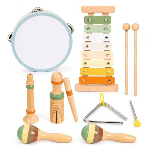 Musikinstrument i trä för barn 3 4 5 år – 12-delars Montessori-inspirerat musikset med xylofon, tamburin, maracas, triangel, träflöjt och skrapinstrument, musikleksak för pojkar och flickor