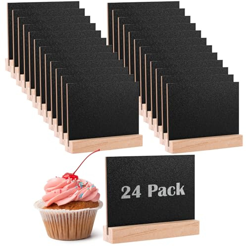 CYEER 24 Stück Mini Kreidetafel mit Holzsockel, 10x7,5cm Kleine Tafel zum Beschriften, Doppelseitige Namensschilder & Preisschilder Aufsteller für Buffet, Hochzeit, Bäckerei & Party