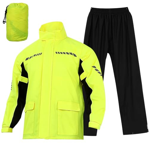 OHPHCALL Tuta di Sicurezza per Uomo Antipioggia da Ciclismo con Strisce Riflettenti Giacca con Cappuccio e Pantaloni Include Copriscarpe
