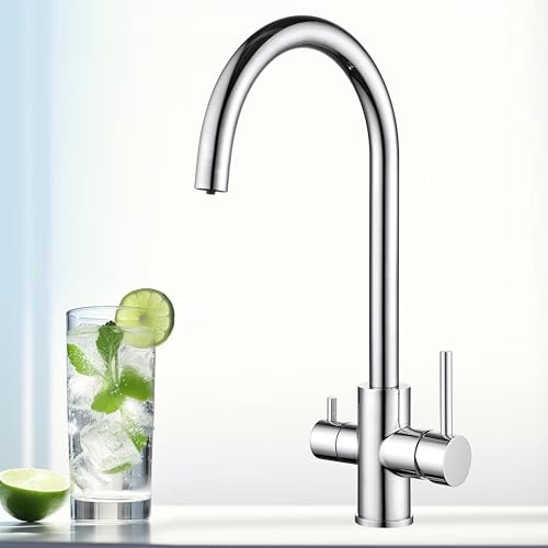 Techzm 3 in 1 Kitchen Tap with Drinking Filtered Water Outlet Double Handle Drinking Water Kitchen Faucet Lead Free Sink Rotatable Mixer Chrome