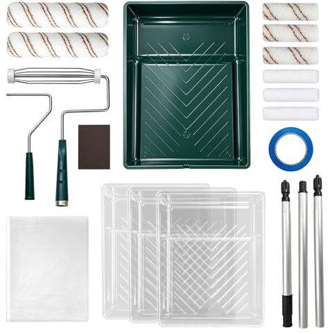 Mister Rui-18 Pcs Professional Painting Tools Kit: 9 & 4 Paint Rollers and Trays Set, Extension Pole, Dustsheet, Sanding Block, Tray Liner & Tape – Complete Paint Roller Set for DIY Painting