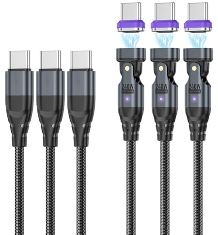 240W Magnet Ladekabel USB C auf USB C [3Stück 0.5m+1m+1.8m] 16PIN Ladekabel Magnetisch Superschnelle Aufladung Magnetisches Ladekabel Schnelllade und Datenübertragungs für USB Typ C Smartphone Laptop