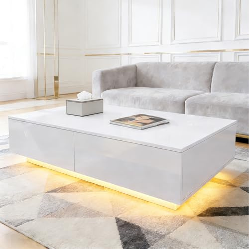 Senvoziii Couchtisch Weiß Hochglanz mit 16 Farben LED, Dimmbare Beleuchtung, Moderner Wohnzimmertisch mit 4 Schubladen, Rechteckiger Sofatisch für Wohnzimmer, Coffee Table 95x60x31 cm