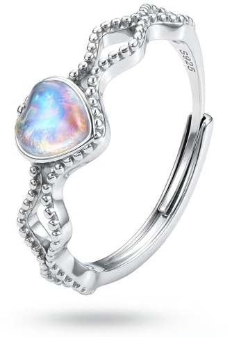 WBDWWTD KRFY Anillos Ajustables de Piedra Lunar para Mujer, Anillos de Pulgar de Plata de Ley 925 para Mujer, Chapado en Oro Blanco, Anillo de Estado de ánimo de corazón Ovalado para aliviar la
