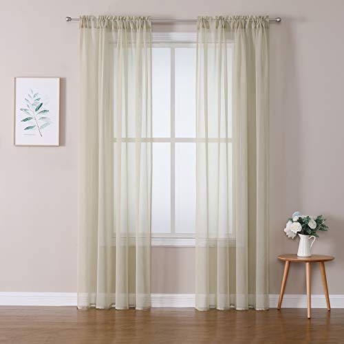 MIULEE 2er Set Sheer Voile Vorhang Stangedurchzug Transparente Gardine aus Polyester Fensterschal Transparent Wohnzimmer Luftig Dekoschal für Schlafzimmer 140 X 245 cm (B x H),Rod Pocket Beige