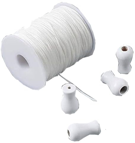 Blinds Cord String Window Wood Tassels/knobs,1.8mm White Braided Lift Shade Cord 50m with 4pcs White Wood Pendant for Aluminum Blind Shade Window Crafts