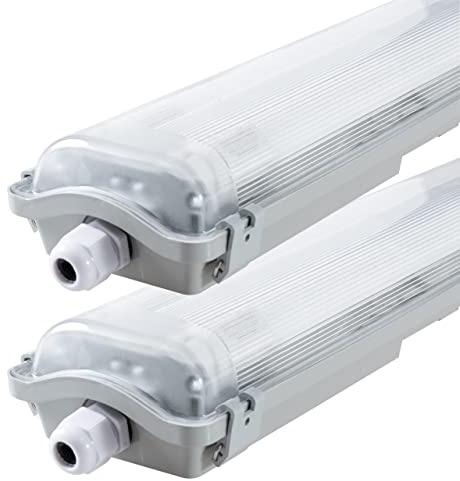 proventa IP65 LED-Feuchtraumleuchte 120cm mit 2x 18W LED-Röhre neutralweiß 4.320 Lumen Klappdeckel Steckklemme Kabeleinführung bis NYM-J 3x2,5mm² - Sparset 2x