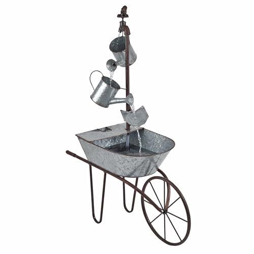 Alpine Corporation NCY402 Indoor Outdoor Vintage Metal Watering Can Wheelbarrow Floor Fountain with LED Lights, 36 H, Silver