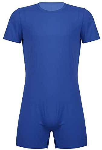 iEFiEL Herren Body Overall Slim Fit Körperformung Boxer Unterwäsche Einteiler Kompressionsshirt Sportbody Gymnastikanzug T Blau Rundhals XL