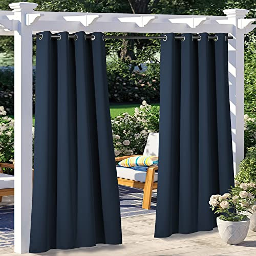 NICETOWN 2 Panels Patio Curtains for Outdoor Waterproof, Home Fashion Machine Washable Stainless Steel Ring Top Thermal Insulated Room Darkening Privacy for Balcony, 52 W x 108 L, Navy Blue