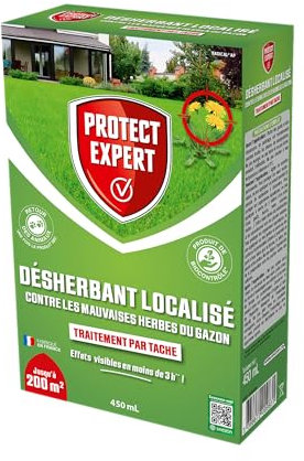 PROTECT EXPERT Désherbant Concentré Localisé Contre Les Mauvaises Herbes Du Gazon - 450ml - Soit 200 m² - Non Sélectif - Bidon Doseur DG400
