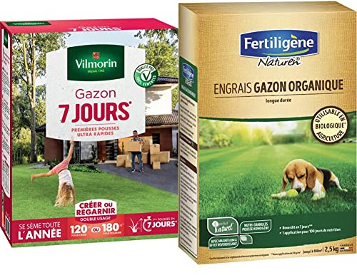 Vilmorin 4460715 Gazon 7 Jours, Vert, 3 kg & NATUREN Engrais Gazon Organique 100m² 2,5kg