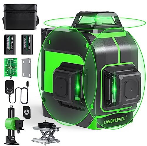 Kreuzlinienlaser 3x360°, Kreuzlinienlaser Grün Selbstnivellierend Laser Wasserwaage 12 Linienlaser mit 2x4000mAh wiederaufladbare Batterien und Fernbedienung für Innenbereich Baustelle