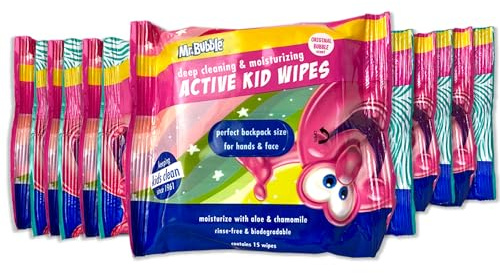 Mr. Bubble Moisturizing Kids Gentle Face and Hand Wipes, Travel Size Biodegradable Deep Cleaning Towelettes Made with Hydrating Aloe Vera and Chamomile (Pack of 12 Pouches, 15 Wipes Each)