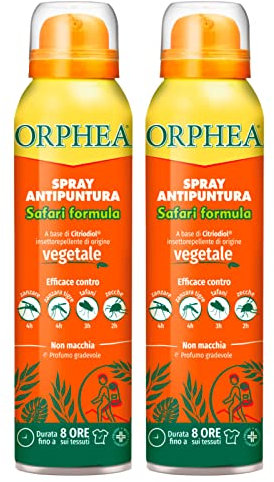 2x Orphea Spray Antipuntura Safari Formula Repellente Profumato per Zanzare Tafani e Zecche Insettorepellente - 2 Flaconi da 100ml