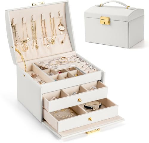 Aidodo Scatola Portagioie Donna, Portagioielli in Pelle PU, Portagioie Creativo con Serratura e Chiave (17x14x13cm, Beige)