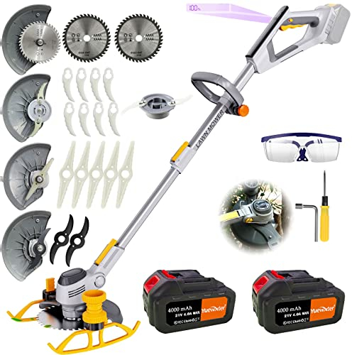 YUEWXTER Rasentrimmer mit Akku (21V 2x6.0A Akku und Ladegerät, Hilfsgleitrad, 90° Drehkopf, Teleslopstiel, Includes 3X Sägeblätter, 4X Metallmesser, 30x Trimmerfaden) freischneider akku