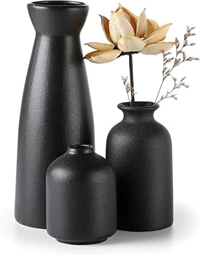 Sawoake Schwarz Keramik Vasen 3er-Set Kleine Blumenvasen für Dekor, Moderne rustikale Bauernhaus Home Decor, Dekorative Vasen für Pampas Grass Idee Regal (Schwarz)