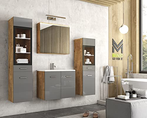 MINIO go for it - Badezimmermöbel Set Marit 2, mit LED-Belechtung, Wandspiegelschrank, Schrank mit Waschbecken, Farbe: Kastanien Breslau/Grau Hochglanz