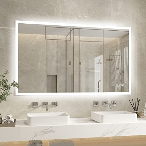 furduzz Miroir de Salle de Bain LED 100x60 cm avec éclairage,Miroir Mural de Salle de Bain avec Interrupteur Tactile,3 Couleurs de lumière Réglables,3000K-6400K,Antibuée,Fonction Mémoire