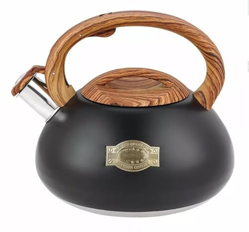 Luckyberg Moderne Wasserkessel Induktion Pfeifkessel aus Edelstahl, Teekessel für alle Kochplatten, Flötenkessel, Wasserkocher für Tee Kaffee, ca 2,8L, Schwarz matt