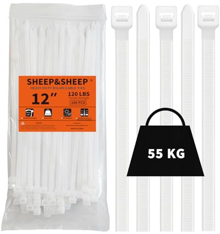SHEEP&SHEEP 100 Stück Weiß Kabelbinder 300mm x 7,5mm mit 55 kg Zugfestigkeit [120 lbs], Heavy Duty selbstverriegelnde Nylon Kabelbinder uv beständig, ideal für Innen- und Außenbereich