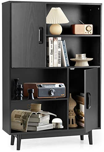 KOMFOTTEU Bücherschrank Holz, Mehrzweckschrank mit 2 Türen & 4 offene Regale, Beistellschrank mit Kippschutz, Bücherregal 80 x 24 x 119,5 cm, Schrank für Arbeitszimmer, Büro (Schwarz)