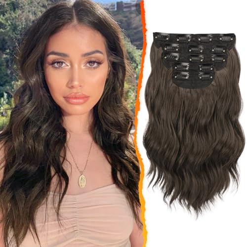BARSDAR Clip in Extensions 35cm Wellige Braun Haarverlängerung Clip in 5PCs Dickes Natürliche Weiches Synthetisches Haarteil Für Frauen Haarextension, Dunkel Schokoladen Braun