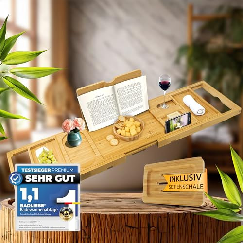 BadLiebe Badewannenbrett aus FSC-Bambusholz - [Inkl. Seifenschale] - rutschfest & Wasserfest - Badewannenablage für Tablett, Buch & Wein - Perfekt für Wellness, Spa & Entspannnung