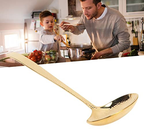 Dekaim Mestolo da zuppa in ottone con manico lungo, cucchiaio da cucina con manico lungo per cucinare, colore oro brillante, peso bilanciato, cucchiaio multifunzione scanalato
