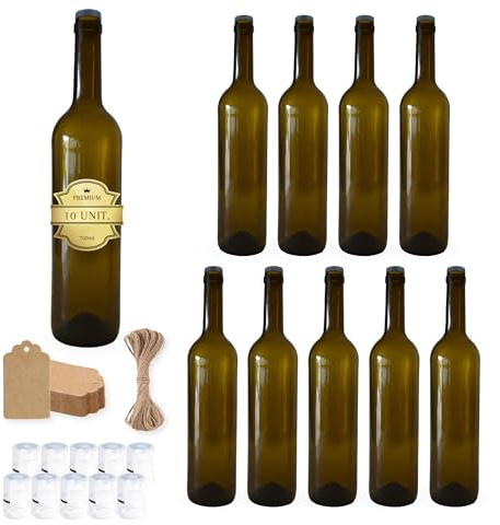 10 bottiglie da vino in vetro da 750 ml con tappo in sughero + sigillate + tag kraft, spago di iuta, bevande alcoliche: rum, whiskey, liquori | eleganza in vetro per souvenir, cocktail