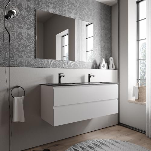 BERNSTEIN Badmöbel-Set AVA 120cm bestehend aus Mineralguss-Doppel-Waschbecken mit Unterschrank in Weiß matt, Waschtisch Cream - Schwarz matt mit Hahnloch, Ideal für große Bäder