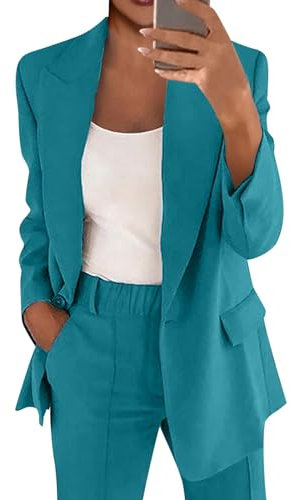 DHYUEN Hosenanzug Damen Festlich Elegant Slim Fit Blazer+Hose Sport Outfit Anzug Langarm Und Anzughose Trainingsanzug Zweiteiler Sommer Lang（D-Blue，M）