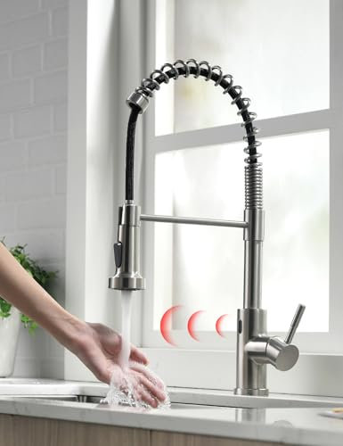 TIMACO Rubinetto da cucina con sensore a infrarossi, con doccetta estraibile, girevole a 360°, per cucina, miscelatore monocomando per cucina, rubinetto a molla a spirale, in nichel spazzolato