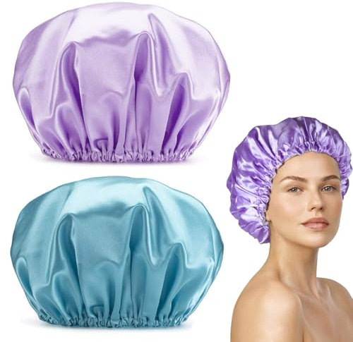 2 Stück Duschhaube Damen Wasserdicht - Wiederverwendbare Duschhauben Damen Badehaube - Elastische Shower Cap Für Locken Damen Und Mädchen - Duschhaube Für Zum Duschen Spa Salon Make-Up Reisen