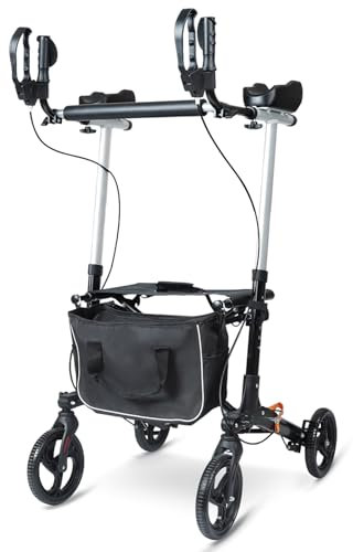 Folding Lightweight Rollators 4 Wheels with Seat, Upright Mobility Walker with Forearm Support Backrest Handbrake, Aluminum Walking Walker Aid for The Elderly