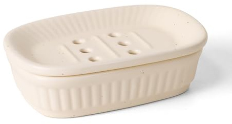 Umlaca Ceramic Soap Dish Double Soap Holder with Self-Drainage for Bathroom, Shower, Kitchen Soap Tray (Pockmarked Beige)