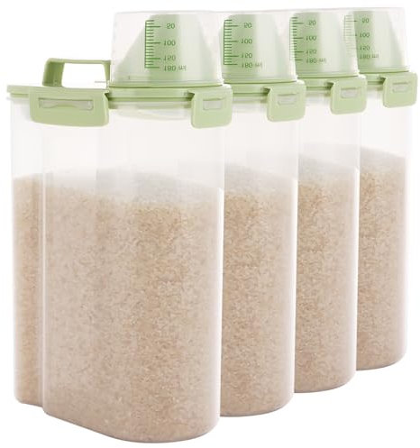SENENQU 4 Pack Rice Dispenser Cereal Storage Container, 3KG Clear Dry Food Cereal Dispenser, Airtight Cereal Container Rice Food Storage with 180ml Measuring Cup for Kitchen Flour Grain Bean