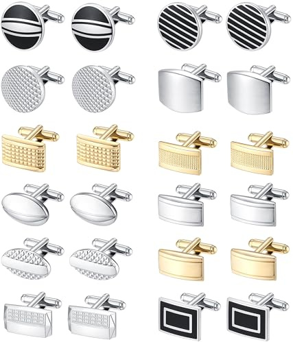 SONNYX 12 Pairs Cuff Links for Men Classic Tone Silver Black Striped Square Rectangle Cuff Links Shirt Suit Mens Cufflinks for Wedding Groom Business