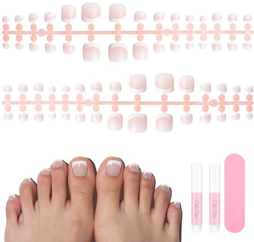 TOMICCA 150 Stück Falsche Fußnägel Kit, 3 in 1 Rosa Matt Französisch Vollständige Abdeckung Fußnägel Zum Aufkleben Set, für Damen Frauen Nagelkunst DIY, 15 Größen Kurz