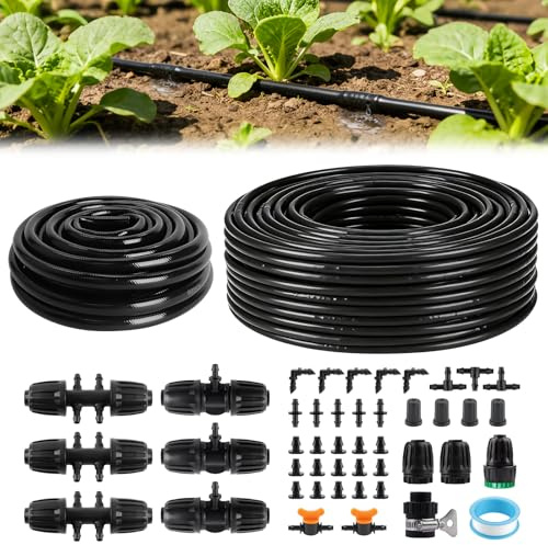Kalolary 182 Fuß 1/4 Zoll Tropfbewässerungs Set Rasen Hydroponik Pflanzen | 1/2 Zoll Hauptschlauch 6 Zoll Tropfschlauch Rolle mit Tropferabstand Bewässerungsschlauch inkl Anschlussteilen Tropfrohr