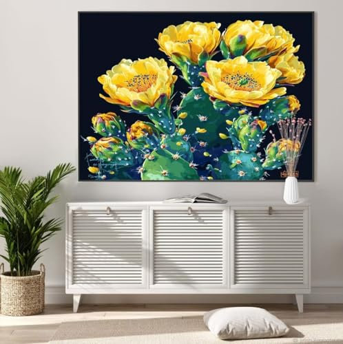 Malen Nach Zahlen Erwachsene Kaktus Malen Nach Zahlen Blume Paint By Numbers, mit 3 Pinseln Acrylfarben Und Leinwand, Ab 7/9/10/8 Jahre Mädchen Kreativ Set DIY Bastelset 70 x 90 cm Ohne Rahmen M982