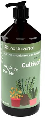CULTIVERS Abono Universal 1 L Ecológico Plantas Interior y Exterior. Fertilizante con Aminoacidos, Hierro, micros y macros. Nutrición Completa Súper Concentrada. Facil aplicación.