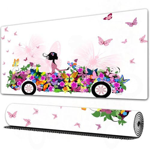 FEHWI Mauspad 90×40 cm Verlängertes großes Mauspad Schreibtischauflage,Autos Set, Frau fährt EIN Blumenauto mit Schmetterlingen in der Luft, Frau,genähte Kanten Gaming Mauspad,rutschfeste Gummibasis