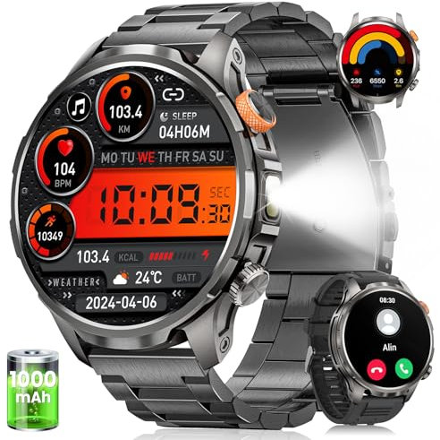 Reloj Inteligente Hombre con LED Linterna, 1000mAh/5ATM Impermeable/1.91 AMOLED Militar Smartwatch con Llamadas, 113 Modos Deportivos/Pulsómetro/Podómetro/Sueño Pulsera Actividad, Android iOS Negro