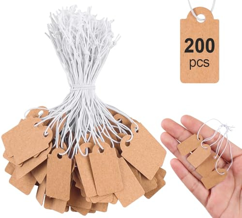 Caianwin 200 Stück Mini Preisschilder Anhänger mit Elastische Kordel, 26 x 13mm Etiketten Anhänger, Braun Kleinen Hängeetiketten für Schmuck Display