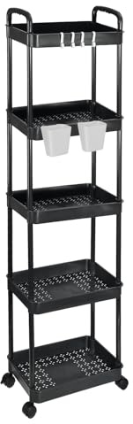 PATIKIL Carro De Utilidades Rodante De 5 Niveles con Mango, Carro Organizador De Estantes De Almacenamiento, Organizador De Almacenamiento Móvil con Cestas Colgantes, Negro
